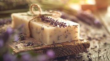 handcrafted lavender soap displayed on rustic wooden table, early morning market light photo