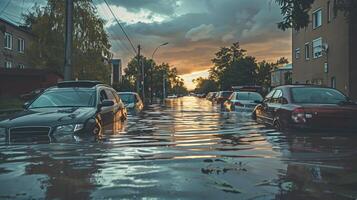 inundado urbano calle con abandonado carros, Tormentoso cielo gastos generales foto