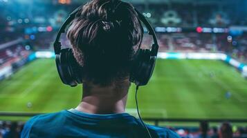 joven adulto vistiendo auriculares disfrutando un En Vivo fútbol americano partido a un estadio, concepto de Deportes entretenimiento y En Vivo radiodifusión eventos foto