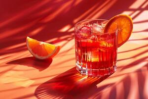refrescante naranja cóctel con hielo en un vaso debajo verano luz de sol con sombra patrones, ideal para verano fiestas y junto a la piscina menús foto