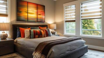 Modern bedroom interior with an abstract wall art, earth tone bedding, and open blinds, ideal for real estate listings and home decor ideas photo