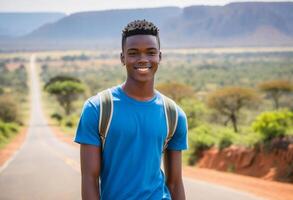 sonriente africano adolescente con mochila en pie en un rural la carretera en medio de escénico paisajes, simbolizando juventud viaje y mundo juventud día foto