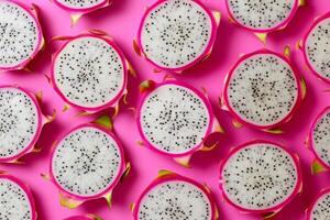 overhead view of exotic dragon fruit slices, vibrant pink and white, tropical vibe photo