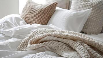 Cozy bedroom close up with textured knit blanket and neutral tone pillows, evoking comfort and relaxation, ideal for interior design concepts and home decor themes photo