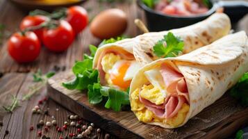 wrapped tortilla with eggs, ham and cheese for breakfast with ample copy space photo