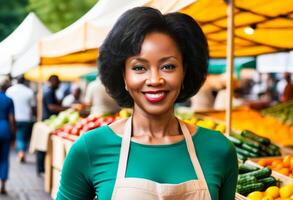sonriente africano americano mujer vendedor vistiendo un delantal a un vibrante agricultores mercado, simbolizando local negocio y mundo comida día foto
