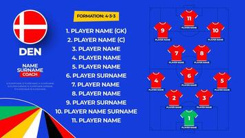 Denmark Football team starting formation. 2024 football team lineup on filed football graphic for soccer starting lineup squad. illustration vector