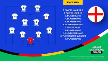 England Football team starting formation. 2024 football team lineup on filed football graphic for soccer starting lineup squad. illustration vector