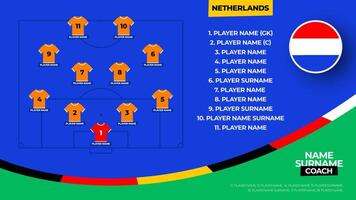 Netherlands Football team starting formation. 2024 football team lineup on filed football graphic for soccer starting lineup squad. illustration vector