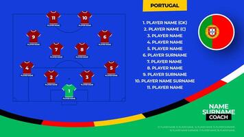 Portugal Football team starting formation. 2024 football team lineup on filed football graphic for soccer starting lineup squad. illustration vector