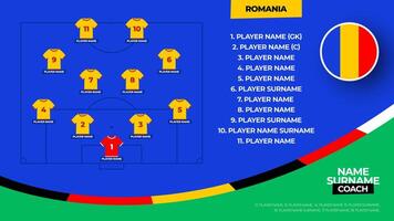Romania Football team starting formation. 2024 football team lineup on filed football graphic for soccer starting lineup squad. illustration vector