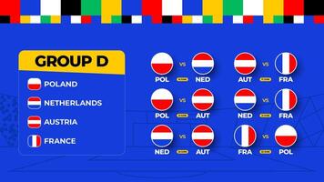 Group D Football cup 2024 matches. national team Schedule match in the final stage at the 2024 Football Championship. illustration of world soccer matches vector
