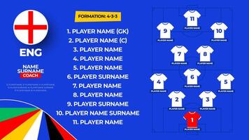 England Football team starting formation. 2024 football team lineup on filed football graphic for soccer starting lineup squad. illustration vector