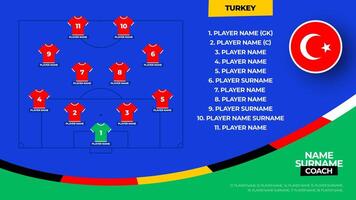 turkey Football team starting formation. 2024 football team lineup on filed football graphic for soccer starting lineup squad. illustration vector