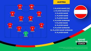 Austria Football team starting formation. 2024 football team lineup on filed football graphic for soccer starting lineup squad. illustration vector