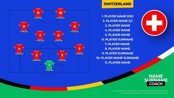 Switzerland Football team starting formation. 2024 football team lineup on filed football graphic for soccer starting lineup squad. illustration vector