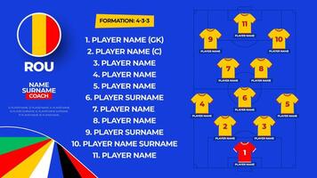 Romania Football team starting formation. 2024 football team lineup on filed football graphic for soccer starting lineup squad. illustration vector