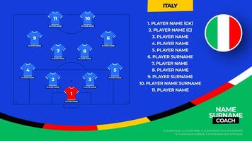 Italy Football team starting formation. 2024 football team lineup on filed football graphic for soccer starting lineup squad. illustration vector