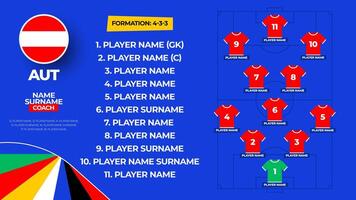 Austria Football team starting formation. 2024 football team lineup on filed football graphic for soccer starting lineup squad. illustration vector