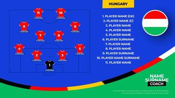 Hungary Football team starting formation. 2024 football team lineup on filed football graphic for soccer starting lineup squad. illustration vector