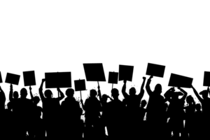 silhouette schema di un' folla con segni su un' dimostrazione. ai creare png