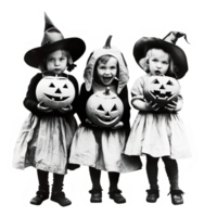 Monochrome vintage photo of halloween childs with pumpkins cut out image png