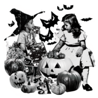 Monochrome vintage photo of halloween childs with pumpkins cut out image png