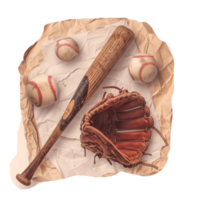 Baseball equipment on crumpled paper cut out image png