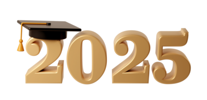 Class of 2025 3d icon. Congratulation graduates design template with black cap and numbers. Gold graduation typography illustration for ceremony, party, greeting card, invitation png