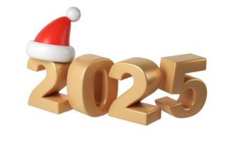 Winter 3d Happy New Year 2025 golden Numbers. Symbols cartoon render with red hat santa. Christmas decoration. Celebrate party Xmas Poster banner, cover card, brochure, flyer, layout design png