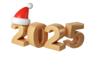 inverno 3d contento nuovo anno 2025 d'oro numeri. simboli cartone animato rendere con rosso cappello babbo natale. Natale decorazione. celebrare festa natale manifesto striscione, copertina carta, opuscolo, volantino, disposizione design png