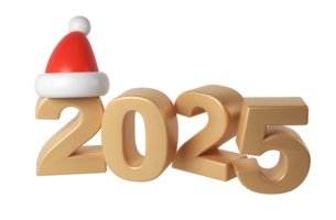 3d Happy New Year 2025 golden Numbers. Symbols cartoon render with red hat santa. Christmas decoration. Celebrate party Xmas Poster banner, cover card, brochure, flyer, layout design png