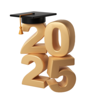 classe di 2025 3d icona. congratulazione laureati design modello con nero berretto e numeri. oro la laurea tipografia illustrazione per cerimonia, festa, saluto carta, invito png