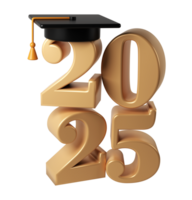 classe di 2025 3d icona. congratulazione laureati design modello con nero berretto e numeri. oro la laurea tipografia illustrazione per cerimonia, festa, saluto carta, invito png