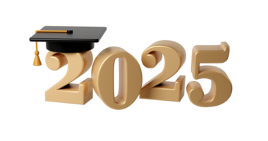 Class of 2025 3d icon. Congratulation graduates design template with black cap and numbers. Gold graduation typography education illustration for ceremony, party, greeting card, invitation png