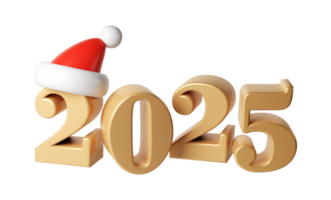 3d contento nuevo año 2025 dorado números. símbolos dibujos animados hacer con rojo sombrero Papa Noel. Navidad decoración. celebrar fiesta Navidad póster bandera, cubrir tarjeta, folleto, volantes, diseño diseño png