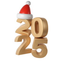 Winter 3d Happy New Year 2025 golden Numbers. Symbols cartoon render with red hat santa. Christmas decoration. Celebrate party Xmas Poster banner, cover card, brochure, flyer, layout design png