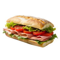 une grand sous sandwich avec Ingrédients comme laitue, tomate, et Viande, sur une baguette png