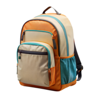 A colorful backpack is propped up against a transparent background png