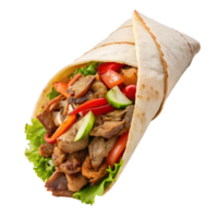 A donair, a type of Mexican food, is shown on a transparent background. It is made of meat, lettuce, and peppers, and is wrapped in a pita. png