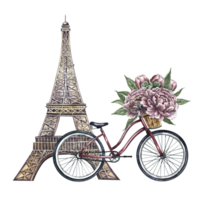 a eiffel torre, e uma retro bicicleta com vintage cores. uma desenhado à mão aguarela ilustração. uma lindo, romântico cartão postal. projetado para panfletos, faixas e cartões postais. para poster, adesivos, impressão png
