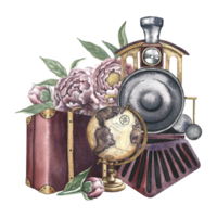 Retro train journey. A composition with a steam locomotive, a suitcase, a globe and peonies. Watercolor illustration, handmade in vintage style. For banners, flyers, posters. For prints, stickers. png