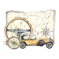 vintage retro ocre colori carro e de madeira retro carro direção roda com vintage mapa. aguarela ilustração fez de mão, isolado. para bandeiras, panfletos, cartazes. para impressões, adesivos, cartões postais. png