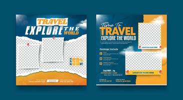 Set of travel sale social media post template.Summer beach holiday,traveling agency business offer promotion.tourism advertisement banner design. vector