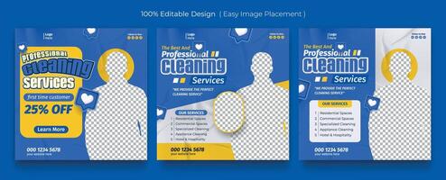 Set of cleaning services business promotion social media posts.Housekeeping,Flat design with photo collage. Usable for social media, story and web internet ads. vector