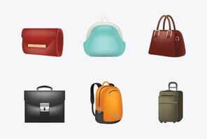 Set of icons of bags and luggage. Various types of bags ranging from elegant, sports, business and travel bags. Office business bag. Vintage leather cases for ladies and men. vector