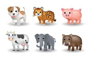 Set of standing animals emoji illustration. Dog, cow, pig, wild boar, elephant, tiger icon pack isolated on white background. vector