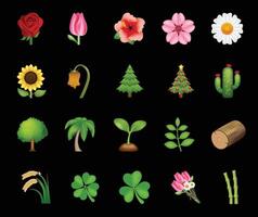 conjunto de diferente tipos de flores, arboles y plantas emoji ilustración aislado en blanco antecedentes. casa plantas y flores rosa, girasol, margarita, sakura y plantas emoji colocar. vector