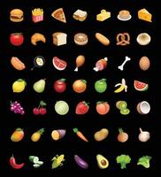 comida y Fruta emoji ilustración. comida y bebidas, frutas símbolos, emojis, emoticonos, pegatinas, íconos verduras, pasteles ilustración plano íconos colocar, recopilación, embalar. vector