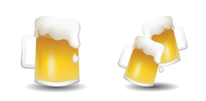 Illustration set of beer. Glass of beer and two glasses with fresh yellow live beer emoji illustration isolated on a white background. vector